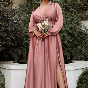 Prom Party Evening Formal ROSE GOLD CURVE SATIN LONG SLEEVE GOWN DRESS C7475
